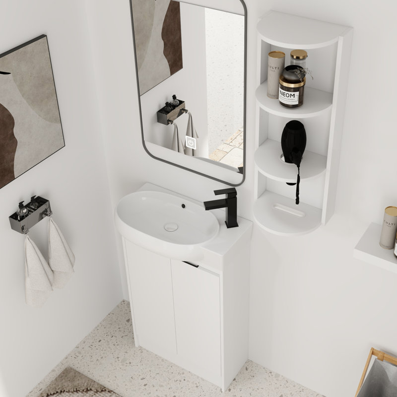 Meuble-lavabo simple autoportant de 23 po avec plateau en céramique et support de rangement flottant, Blanc