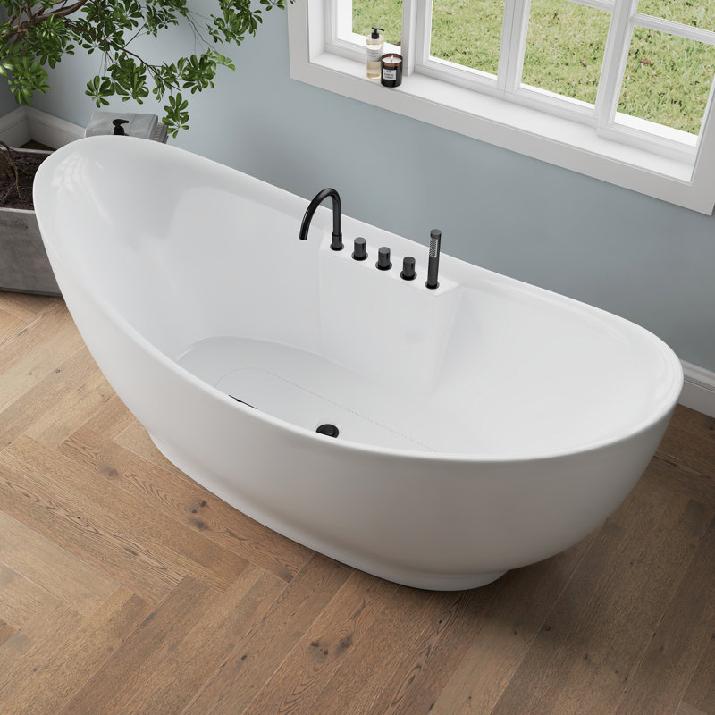 71 inch Whirlpool Freestanding Bathtub with Air Bubble Massage,Glossy White Acrylic Spa Tub for Bathroom