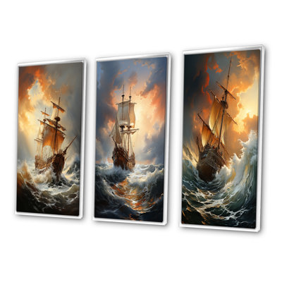 "Voilier majestueux blanc dans la tempête" 3 pièces