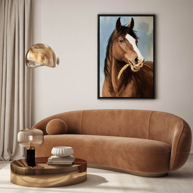 «Brown Horse Portrait with Wheat Rustic Farm Art», reproduction d'art encadrée, H 24 po x l 16 po, Noir