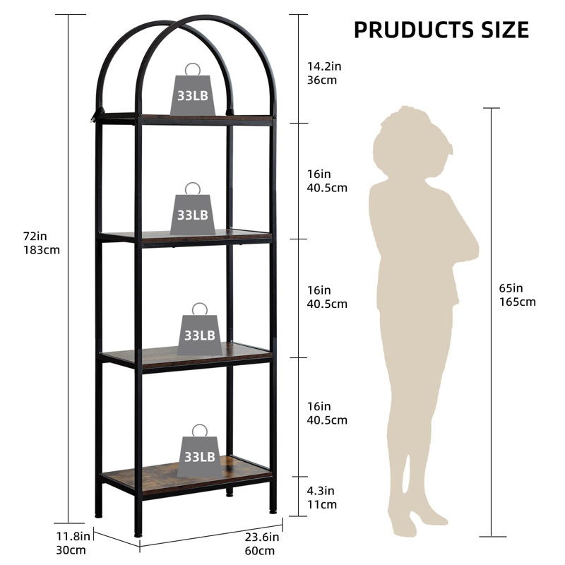 180.1cm H x 60cm W Metal Standard Bookcase, Brown, (4 Shelves) 180.1cmH x 60cmW x 28cmD