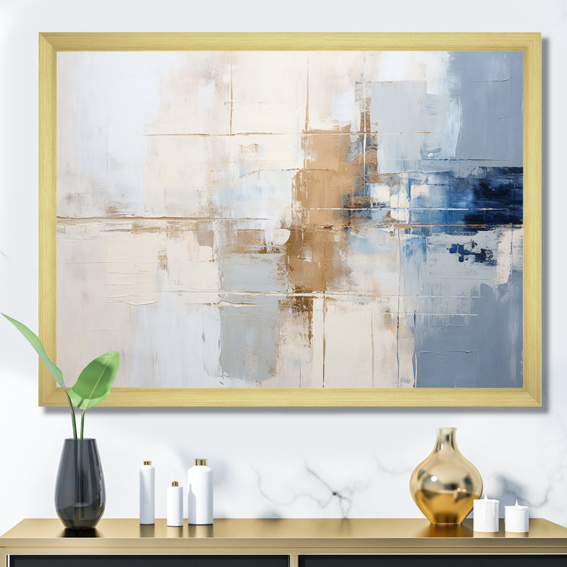 Peinture blanche et bleue Fusion - peinture abstraite, art mural, Cadre doré simple, H 12 po x l 20 po x P 1 po
