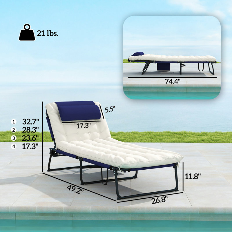 Chaise longue d'extérieur, chaise longue pliante, Blanc / Bleu