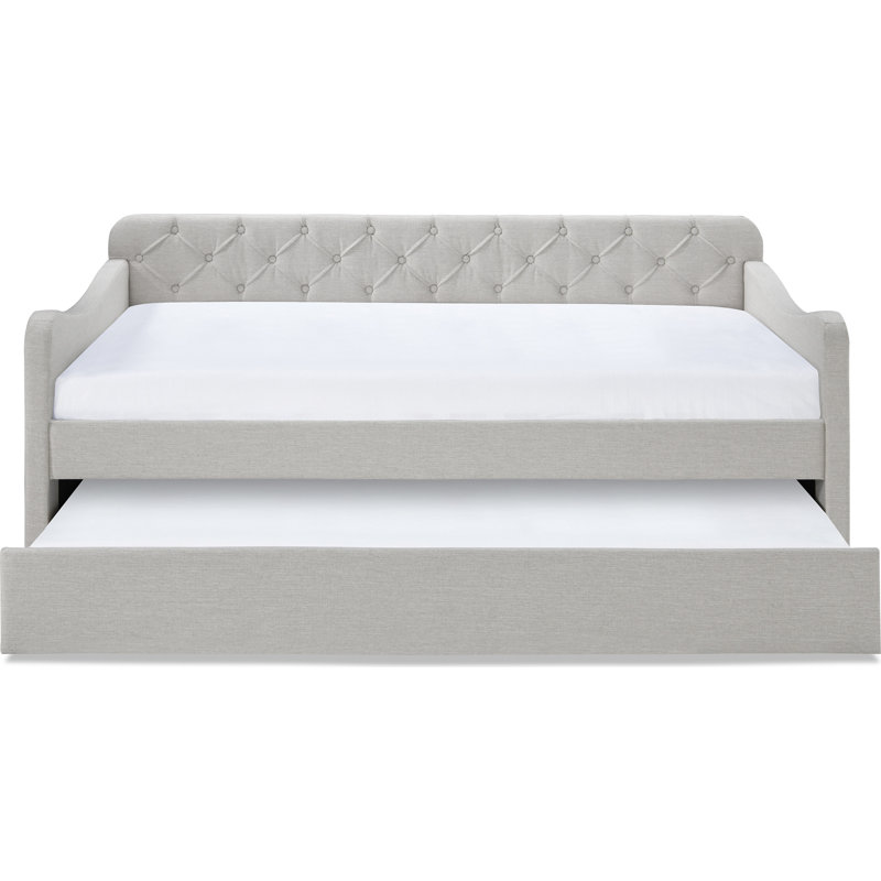 Carmina Upholstered Tufted Daybed Sofa with Roll-Out Twin Trundle Bed, Beige, Beige