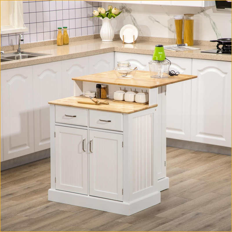 Îlot de cuisine avec rangement, plateau en bois d'hévéa à 2 niveaux | Tablettes réglables, tiroirs | Blanc | Bois d'ingénierie