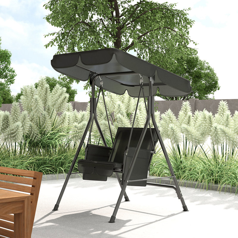 1-Seat Patio Swing Chair with Adjustable Canopy and Cushions, Black