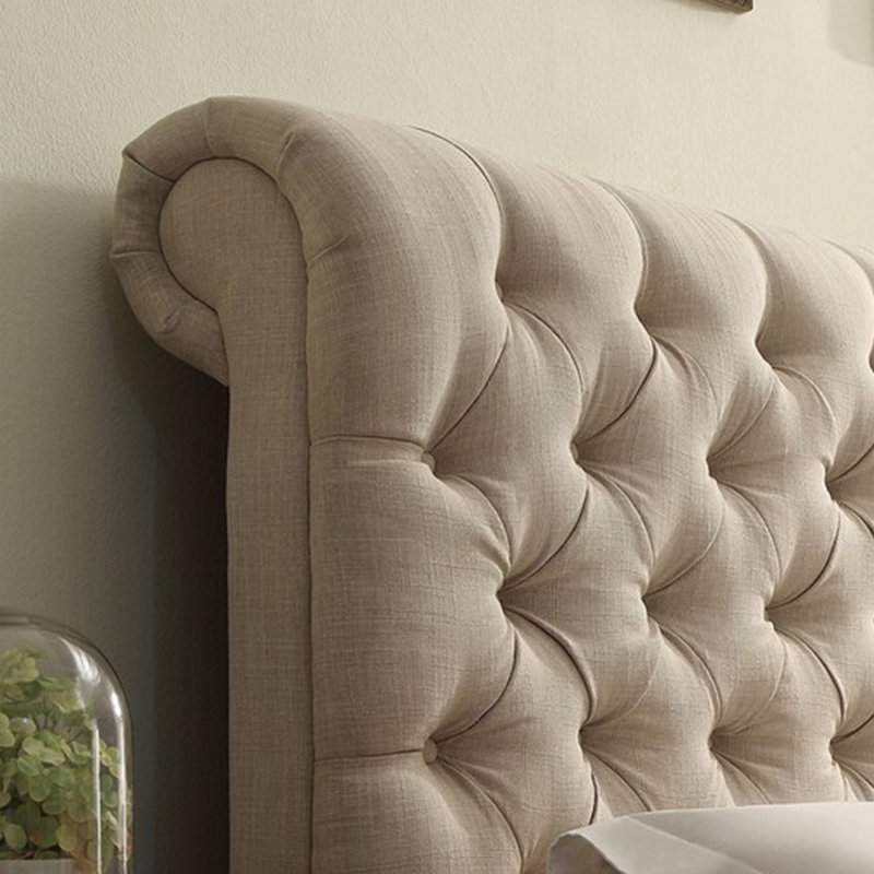 Lit tapissier en tissu, base de lit à hauteur réglable capitonnée, Beige, Double