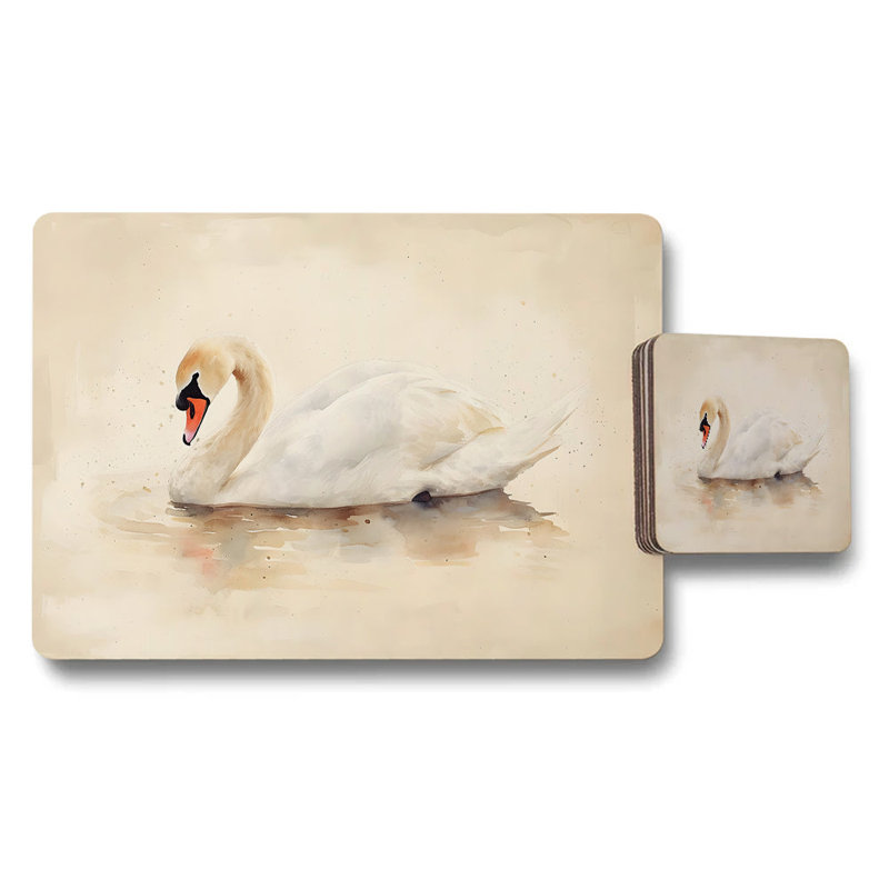 Swan Themed Placemat And Coaster Set With Beige Watercolor