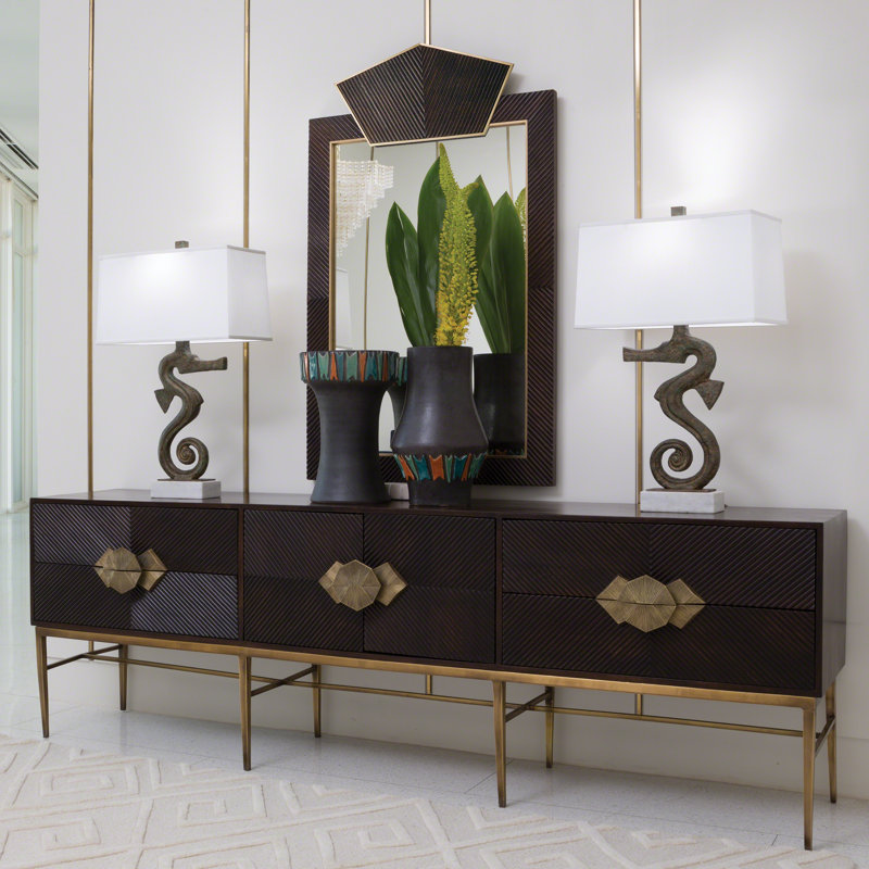 Dark Walnut Chevron Media Cabinet with Brass Hardware