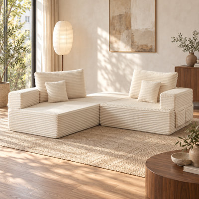Canapé modulaire en velours côtelé 2-en-1 de 91,3 po avec accoudoirs amovibles, poches de rangement et 2 coussins Virelquessa