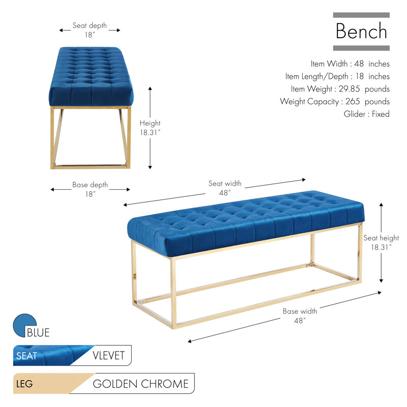 Banc en velours capitonné Greydi avec pieds en chrome doré, Bleu