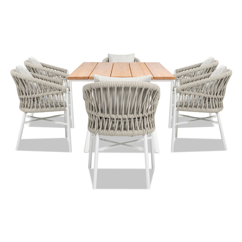 Ensemble de salle à manger de patio en aluminium et teck 7 pièces Maiden, Beige