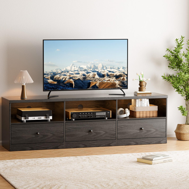 Meuble télé 70 po pour téléviseur de 80 po ou moins, centre de divertissement avec tablette ouverte, tiroir et trou pour câble