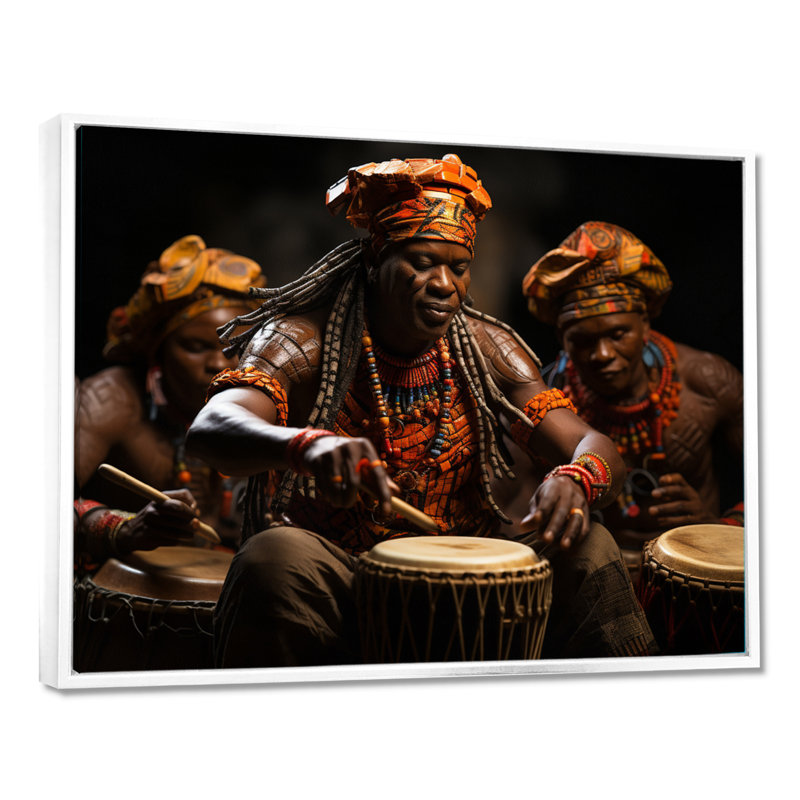 Tambour africain rythmique II - art mural africain, H 24 po x l 32 po x P 1 po, Cadre flottant blanc