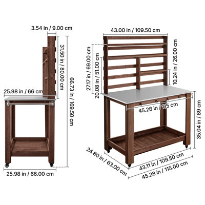Table de rempotage, poste de travail de jardinage extérieur avec plateau de table en acier inoxydable de 45 x 26 po, tablettes de rangement, 4 roulettes, crochets, poste de travail de plantation de jardin pour patio extérieur, cour arrière, brun