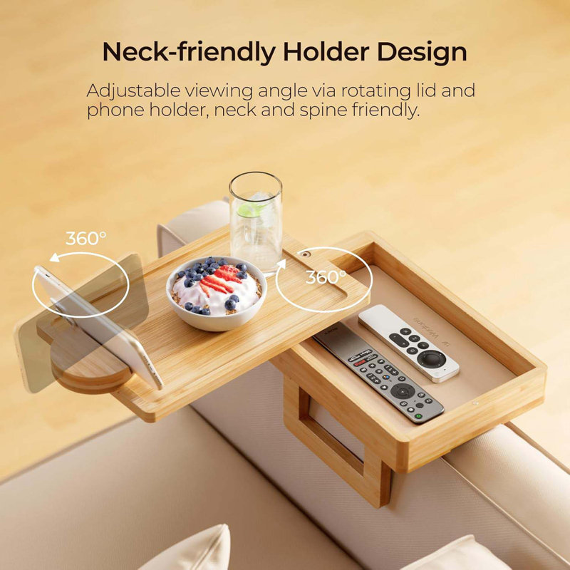 Mini Couch Arm Table For Narrow Armrest, Bamboo Sofa Arm Tray With Storage Box, Rotating Tabletop & Phone Stand, Adjustable Sofa Arm Table Clip For Snacks Or Dining, Width Of Armrest 1-7 Inch