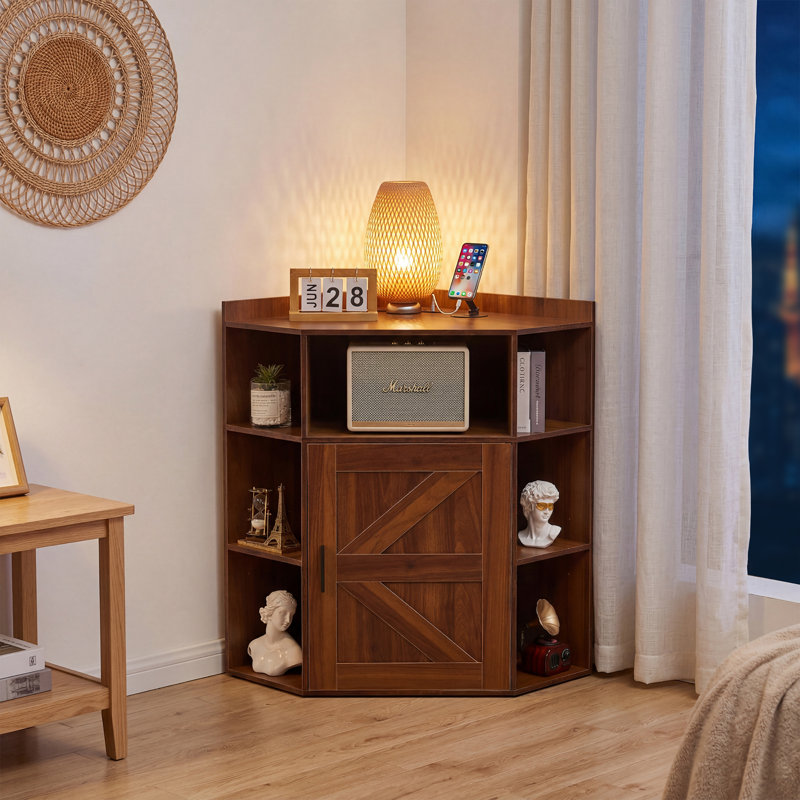 Corner Cabinet With Charging Station, Modern Home Office Storage Cabinet With 2 Outlets And 2 USB Ports, Triangle Bookshelf And Printer Stand With Barn Door For Small Spaces