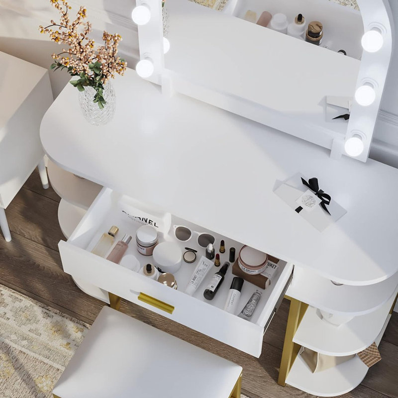 Ensemble de coiffeuse blanche avec pieds en métal et miroir