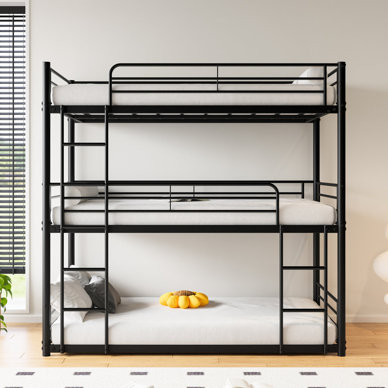 Lit simple au-dessus d'un lit superposé en métal noir, et stable, deux échelles intégrées, garde-corps pleine longueur, échelle idéale pour les dortoirs