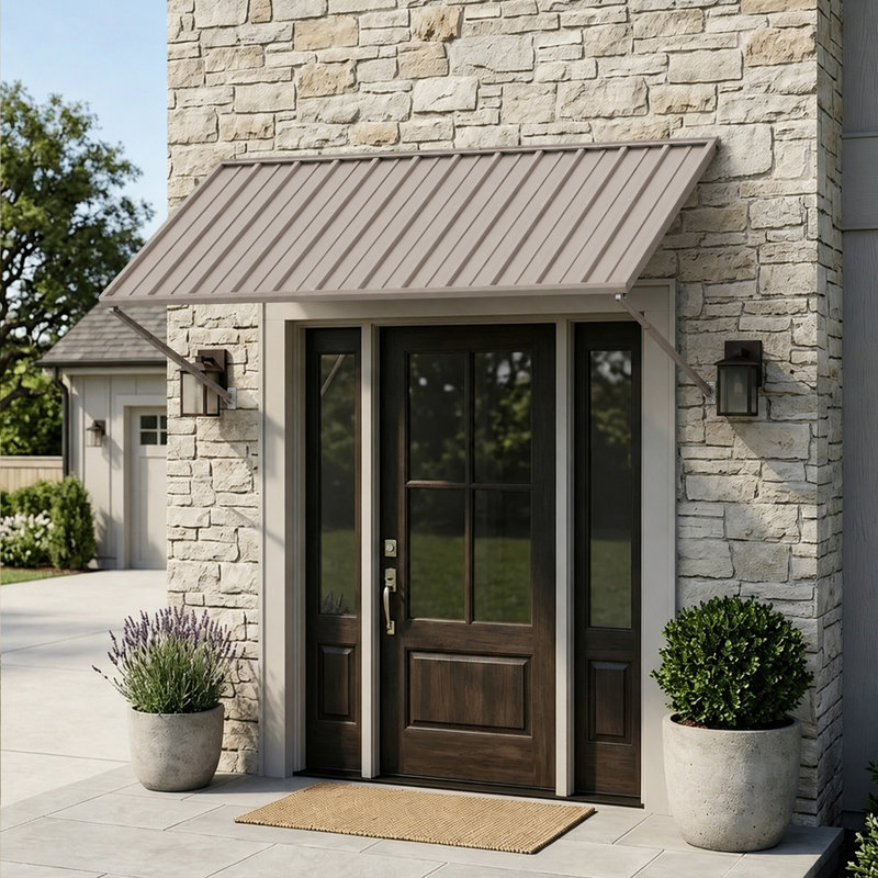 Kozyard Adjustable Door Window Awning – 4-Level Tilt, 82" W × 43 1/2" Sloped Panel, Adjustable Projection 31"–42", Aluminum Frame & Metal Canopy, All-Weather Rain, Snow & UV Protection (Khaki)