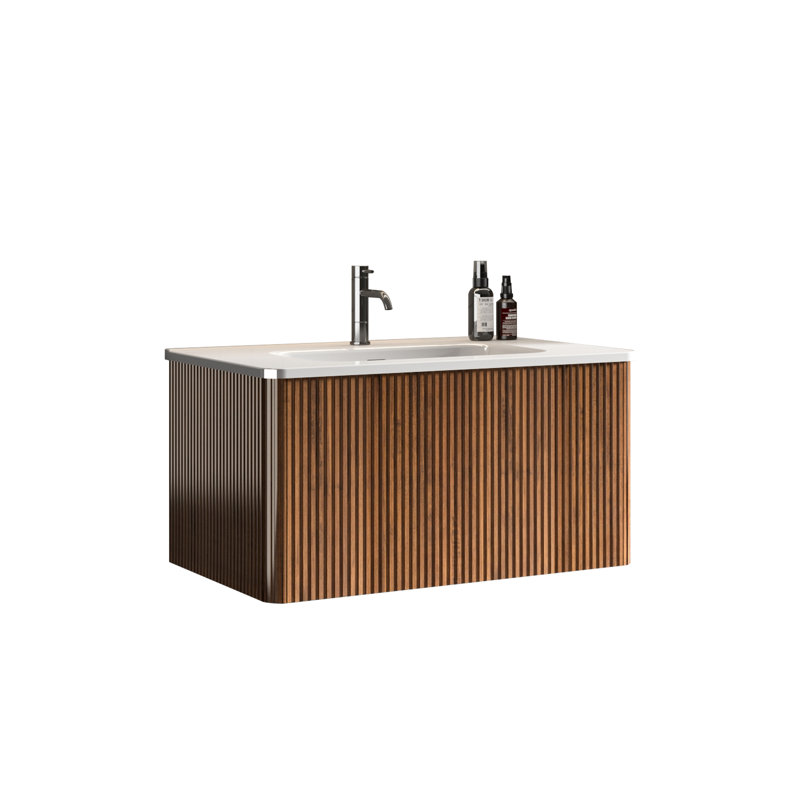 Meuble-lavabo mural 30 po rayé en céramique noyer blanc rayé pour salle de bain