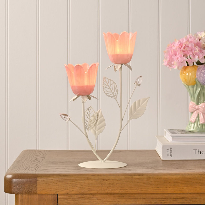  Pink & Cream Floral Double Candle Holder