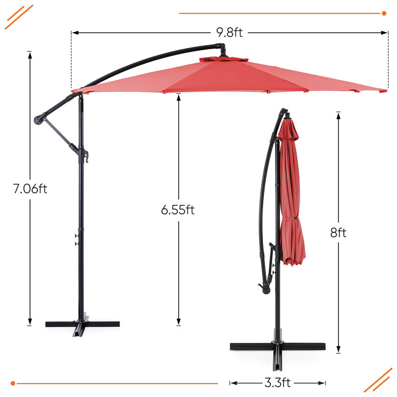 Parasol de patio en porte-à-faux 9,8 pi avec parasol 9 pi, Rouge