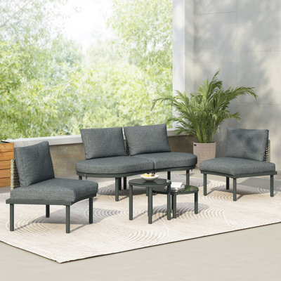 TOPMAX 6-Piece Patio Sofa Furniture Set, Half Moon Outdoor Sectional Sofa With 2 High-Low Coffee Tables, PE Wicker Rattan, Tempered Glass, 4 Pillows & Cushions, For Backyard, Garden, Poolside,Gray