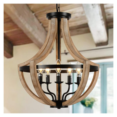 Luminaire suspendu de style rustique à 5 lumières pour salle à manger 19 po en métal et bois rustique - Luminaire suspendu réglable en hauteur à intensité variable pour îlot de cuisine