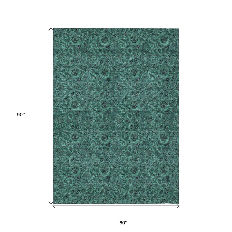 Tapis d'extérieur lavable à motif floral bleu sarcelle et vert 5 pi x 8 pi bleu sarcelle
