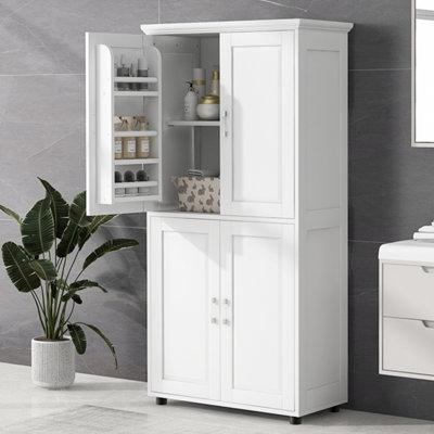 Tall And Wide Bathroom Floor Storage Cabinet, Bathroom Storage Unit, Freestanding Cabinet With 4 Doors, Adjustable Shelves