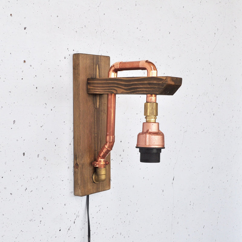 Lampe murale élégante Lacara, 11,8 x 8,7 x 3,9 pouces | 100% bois massif avec accents or rose | Douille E27, 200 W maximum | Interrupteur marche / arrêt sur le câble | Éclairage élégant pour le salon, la chambre à coucher et le bureau