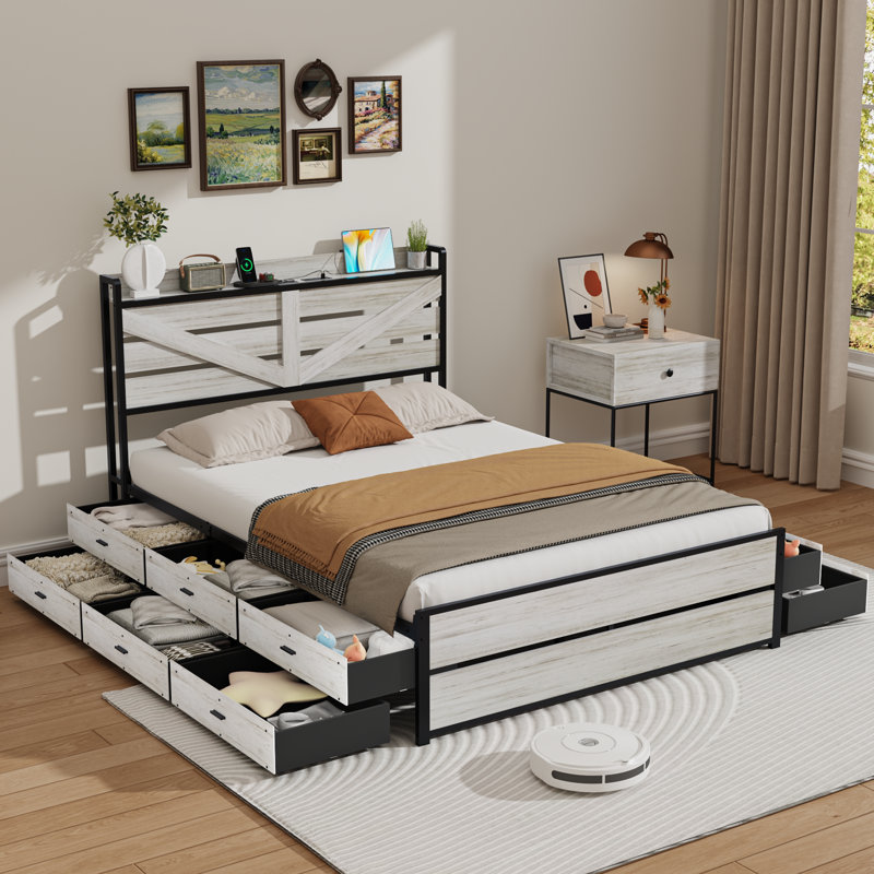 Modern Bed Frame with 12 Drawers and Open Storage Headboard,Charging Station,No Box Spring Needed, Queen, White