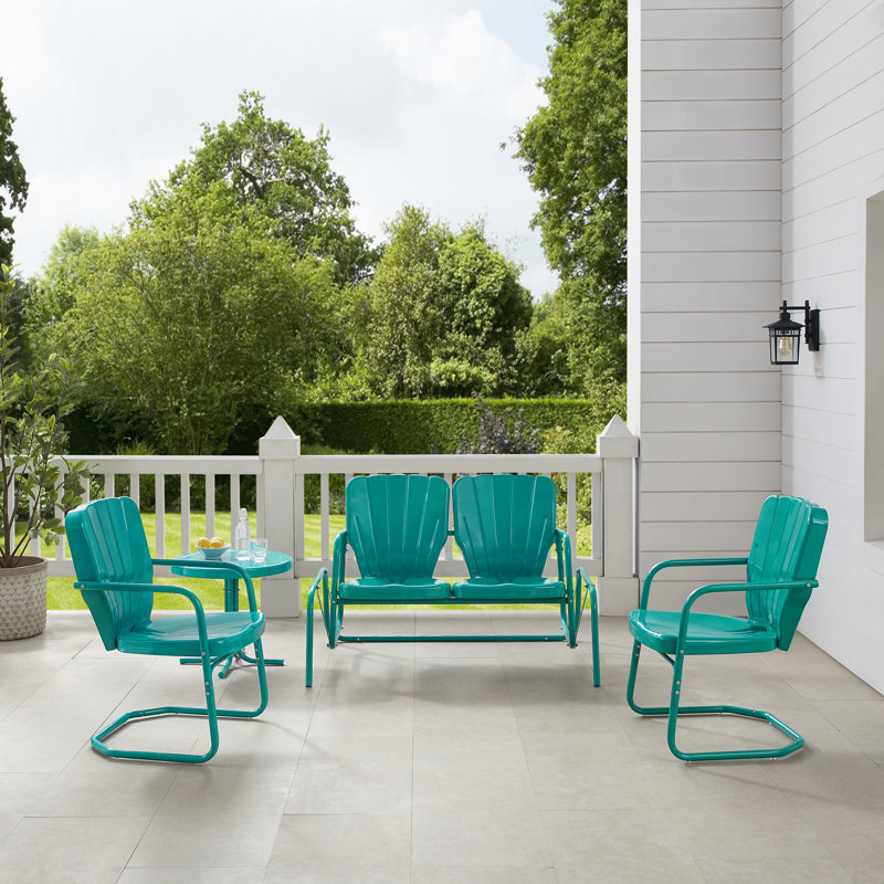 Burley 4Pc Outdoor Metal Conversation Set White Gloss - Loveseat Glider, Side Table, & 2 Armchairs, Turquoise