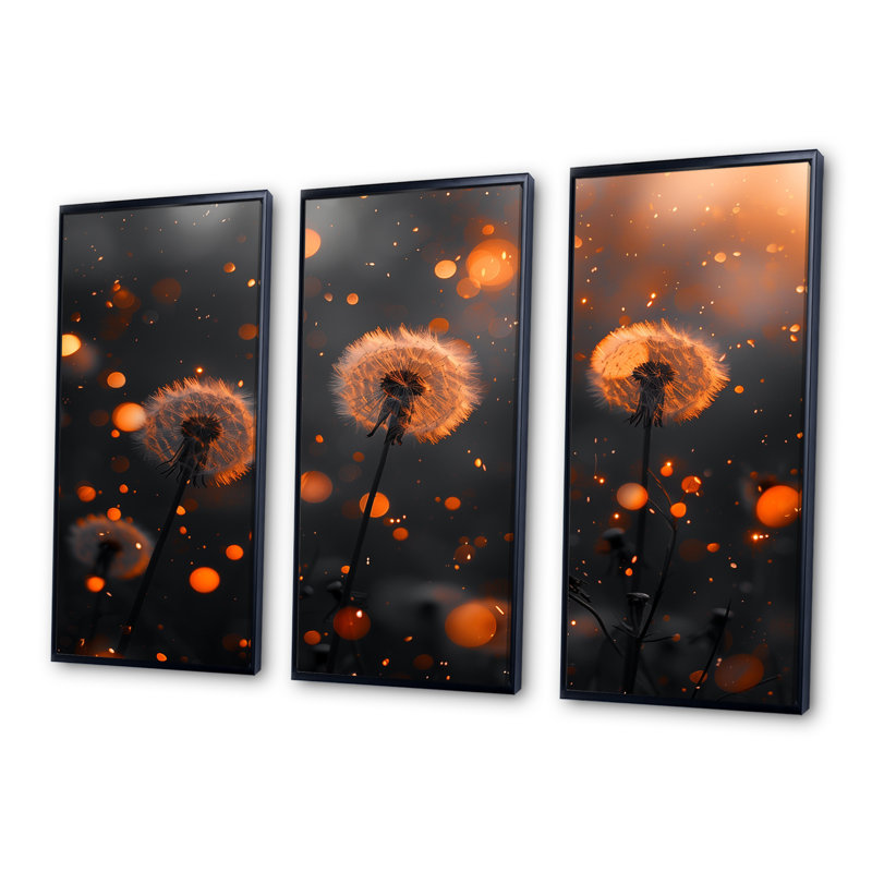 Ensemble de salon art mural orange et noir Golden Hour Glow Dandelion, Toile avec cadre flottant noir