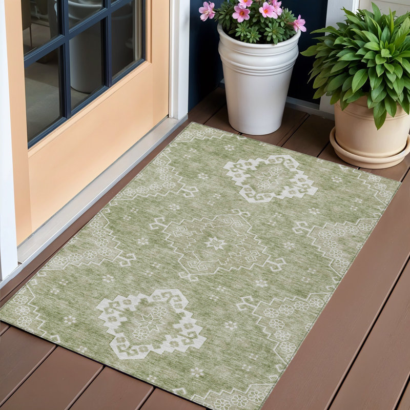 Tapis intérieur / extérieur 3 pi x 5 pi vert et beige à motif artichaut lavable
