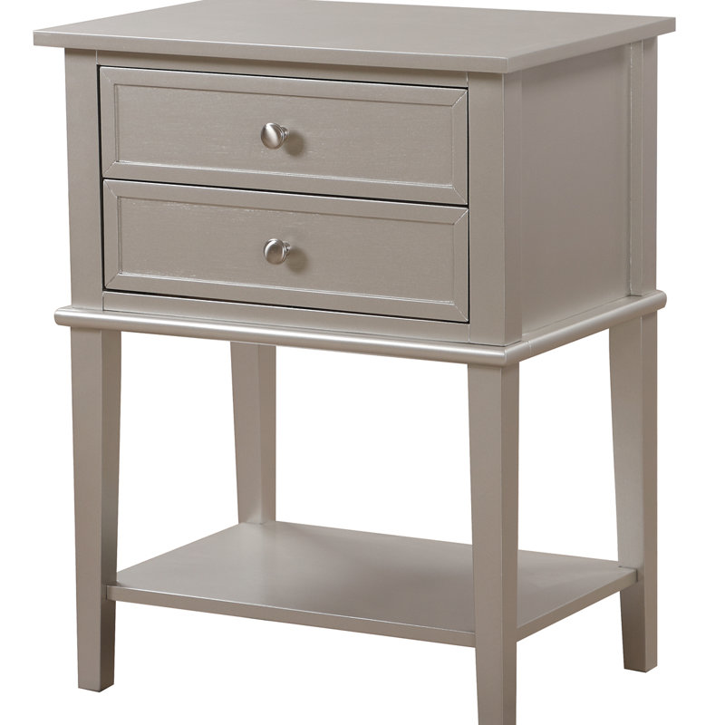 Marydel 2 Drawer Mid Century Modern Nightstand Bed Side Table Wood Nightstand Small Dresser For Bedroom, Silver Champagne