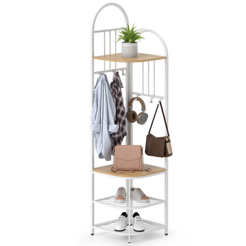4-tier Coat Rack Corner Hall Tree With Shoe Storage Bench 6 Removable Hooks Bedroom, White/Natural