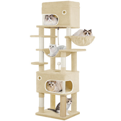 Poteau à griffes pour chat, arbre à chat 70,1 po multicouche avec grande plateforme, 2 grottes, 7 poteaux en sisal, pompons, panier à chat, hamac, convient aux chats, beige