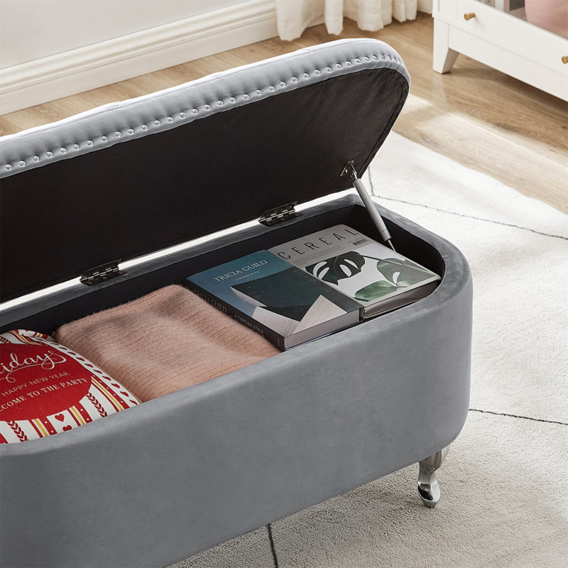 Banc de rangement Keyland, repose-pieds capitonné en velours et demi-cercle, Gris