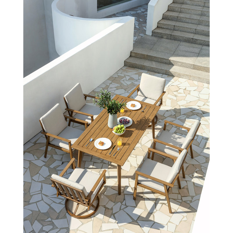 Seehill 7-Piece Aluminum Outdoor Dining Set, 4 Chairs, 2 Swivel Chairs & 63.8" Table With 2.2" Umbrella Hole, Rust-Resistant, All-Weather Patio Furniture For Backyard, Porch, Brown