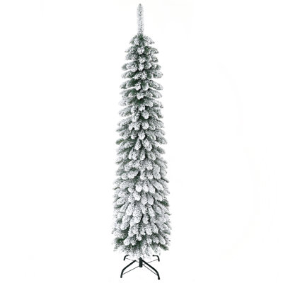 6' Tall Unlit Snow Flocked Artificial Christmas Tree, Slim Pencil Xmas Tree With Realistic Branches And 395 Tips, Green