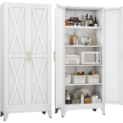 Armoire de rangement pour garde-manger en métal 71 po H, armoire autoportante avec 2 portes et 4 tablettes réglables, rangement pour la cuisine, la salle de bain, le garage, la salle à manger ou la buanderie (blanc)