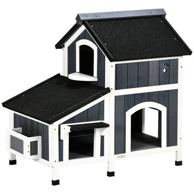 Outdoor Cat Shelter With Garden Bed & Weather- Roof - Multiple Entrances For Big Felines 15 Pounds+, Gray Exits Cats,