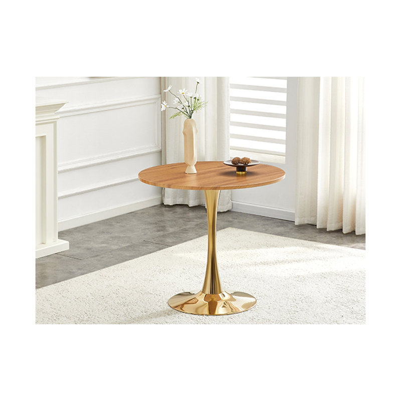 Table tulipe ronde 31,5 "avec plateau en panneau de fibres à densité moyenne et piédestal en métal - faux bois, Or / bois