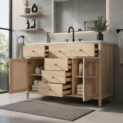 Meuble-lavabo en rotin naturel, structure en bois massif, 5 tiroirs, 2 portes d'armoire en rotin avec lavabo en céramique de qualité supérieure