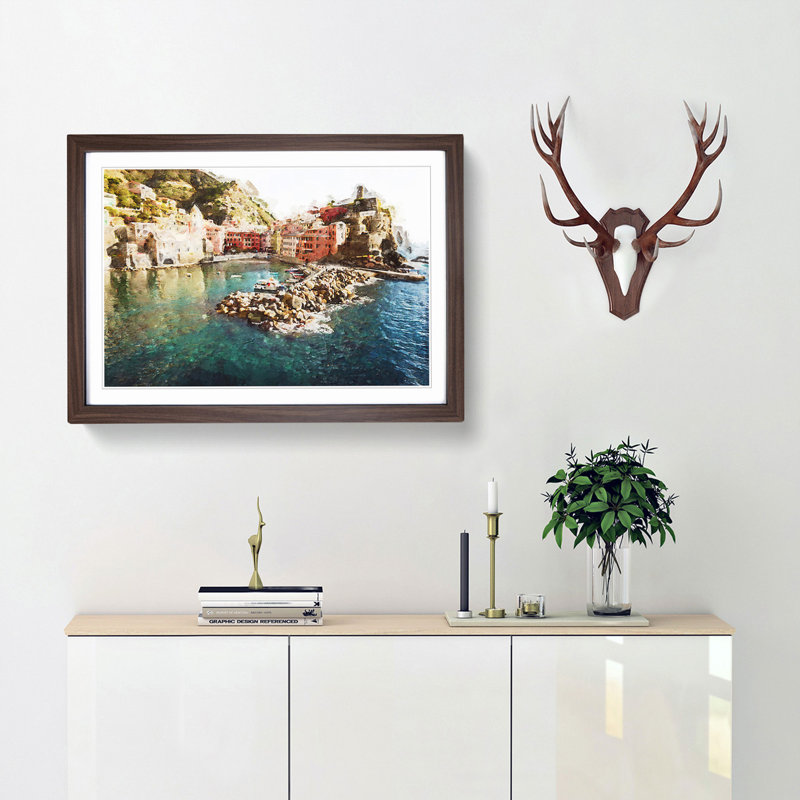 Boats in Vernazza Italy in Abstract - Picture Frame Graphic Art Print, 27cm H x 36cm W x 2cm D, Walnut Framed