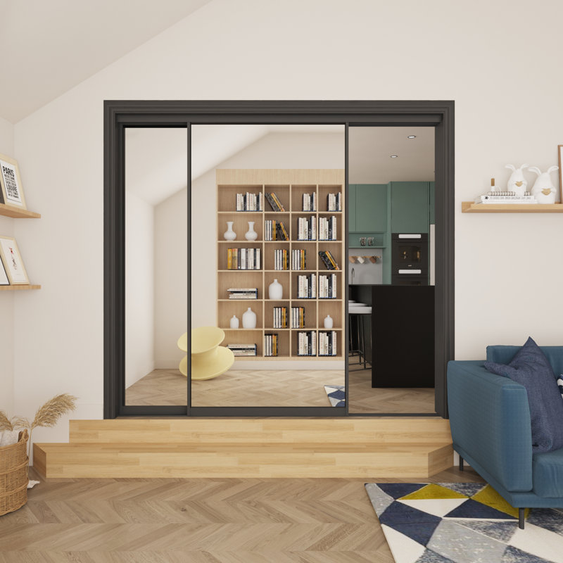 Porte coulissante en miroir trempé à cadre noir H 80 po avec quincaillerie, 72 po x 80 po, Miroir