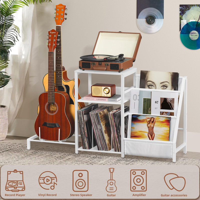 Support pour tourne-disque avec rangement en vinyle et support de guitare réglable, Blanc