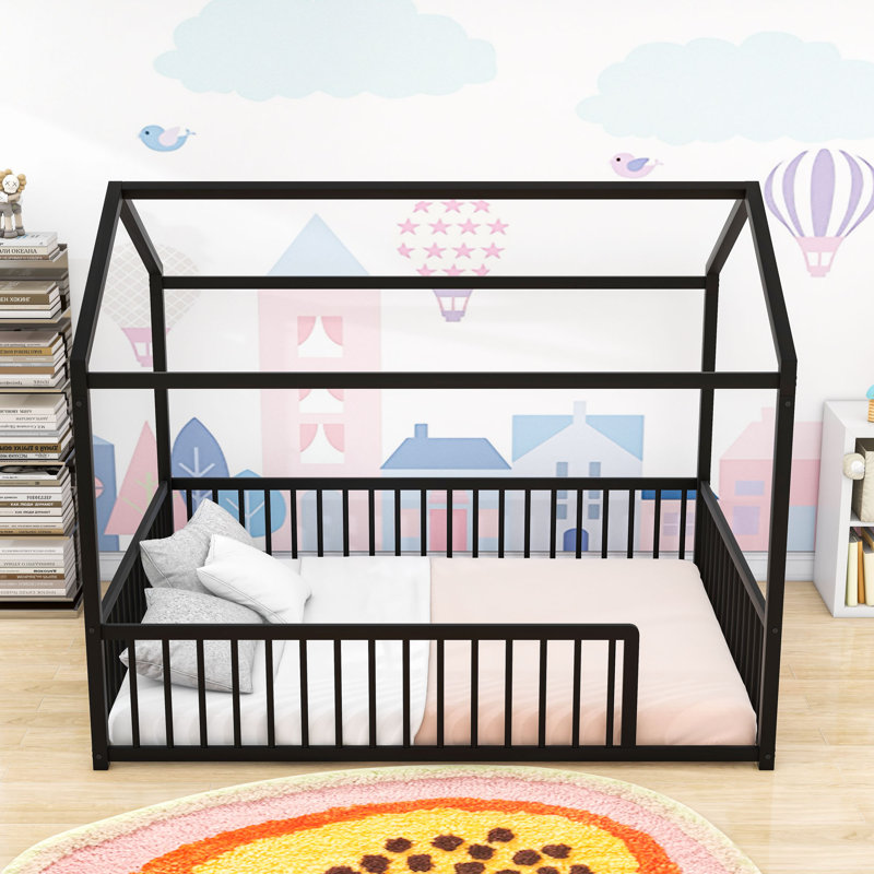 Lit Montessori en métal avec un design en forme de maison, Noir, Double
